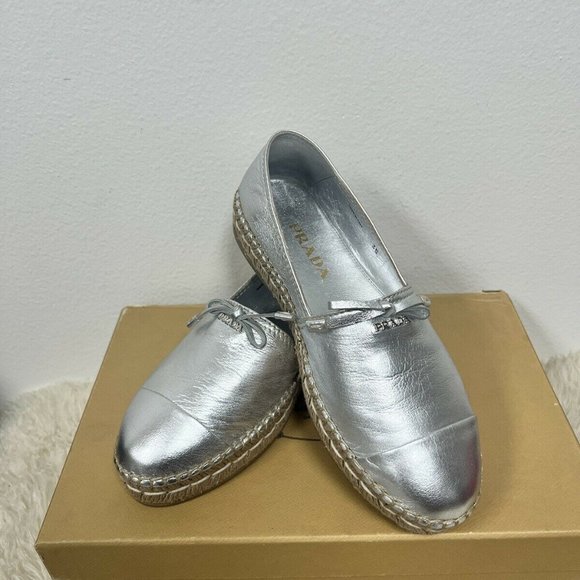 NIB Prada Bow Logo Leather Loafer Gabardine Plaque Flat Espadrilles 35/ US 5 - Picture 3 of 10